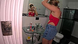 Young model arrives at mansion for photoshoot in lingerie and shower