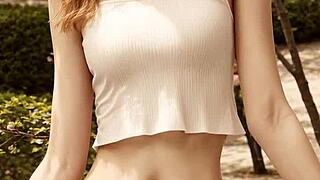 Sexy lingerie models pose barefoot under cherry blossoms