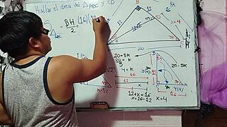 Teacher helps student calculate x in mathematical triangle.