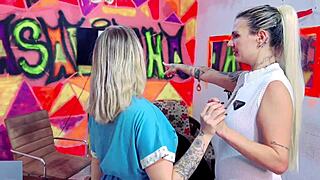 Rich girl visits tattoo studio for special tattoo, encounters excitement