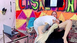 Rich girl visits tattoo studio for special tattoo, encounters excitement