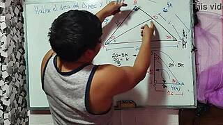 Teacher helps student calculate x in mathematical triangle.