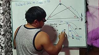 Teacher helps student calculate x in mathematical triangle.