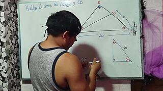 Teacher helps student calculate x in mathematical triangle.