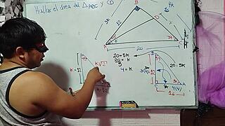 Teacher helps student calculate x in mathematical triangle.