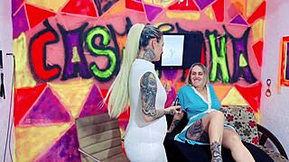 Rich girl visits tattoo studio for special tattoo, encounters excitement