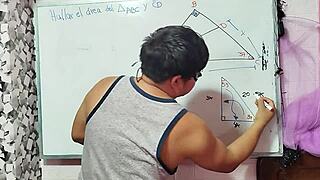 Teacher helps student calculate x in mathematical triangle.