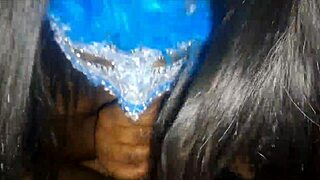 masked ebony gives blowjob, swallows cum