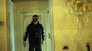 Sexy teen babe gives blowjob to masked guy's monster cock