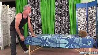 Black plumper Olivia Leigh enjoys a fine rubdown at the spa.