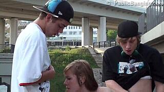 beautiful teen girl in public sex threesome part 4
