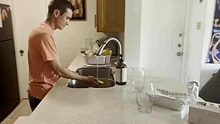 Step mom assists son in tidying up, leading to a blowjob