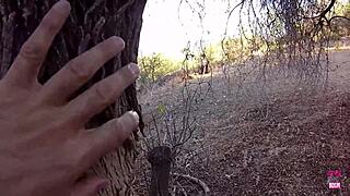 In the forest, muscular guy fucks ebony girl's tight pussy hard