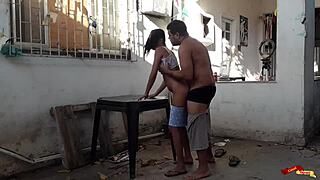 Babysitter in yard gets anal