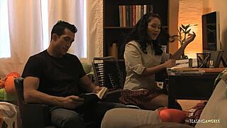 Stunning babe in uniform sucks teacher's cock eagerly. Then rides cowgirl for rough Asian pounding!