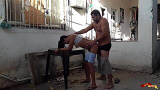 Babysitter in yard gets anal