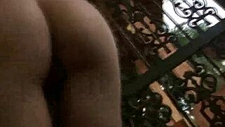 foxy blonde shemale honey tugging on her hard cock outdoors