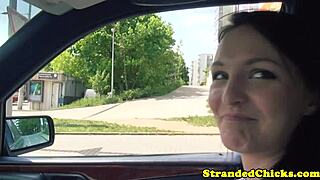 Hitchhiking brunette flashes her tits