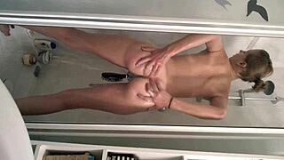 So sexy teen girl taking a shower, shaved and hairless brunette bathing solo