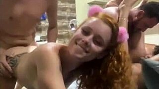 Three whores giving it good in orgy with voyeur and cuckold watching.