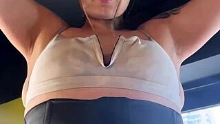 blonde in prostitute costume seduces gym guy