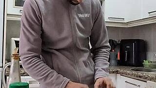 Pornstar undresses while cooking, masturbates, and cums on the food.