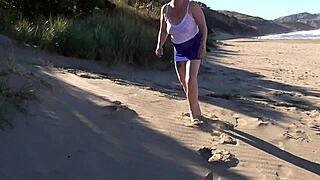 kiwi milf walks in see-through clothes at beach, then gets creampie fucked publicly.