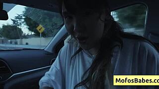 asian hottie plays with boobs in car