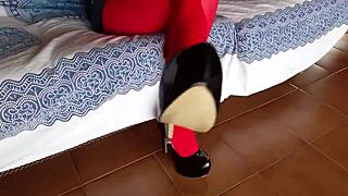 milf in red pantyhose heels lingerie tease