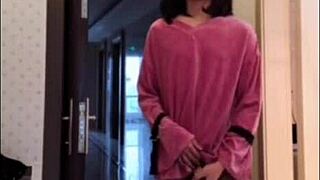 Asian Ladyboy Masturbates Her Dick, Flashes Woman, And Cums