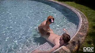 busty redhead lola fauve fucks pool boy and swallows his enormous cock 😍