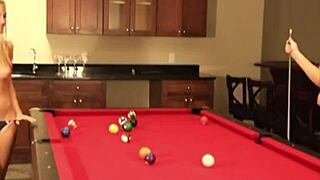 cute baby lesbian showing natural tits while playing billiard