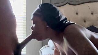 This ebony girl is giving a sloppy blowjob to a monster cock, gagging and deepthroating until cum in mouth.