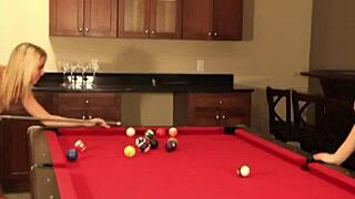 cute baby lesbian showing natural tits while playing billiard