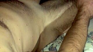 Nighttime cock jerking in bedroom with huge monster cock