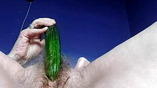 grandma fucking her hairy pussy with a cucumber