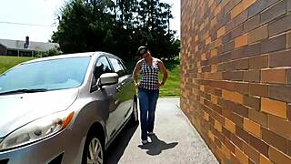 Car Wash Exhibitionist Big Ass Busting Out of Low Rise Jeans