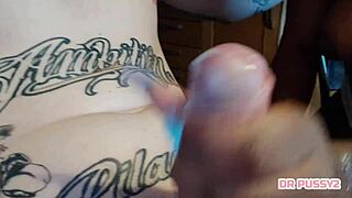 Slow motion video of handjob, blowjob, and cumshot.