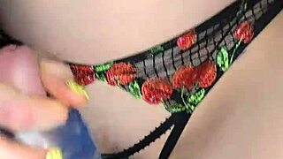 Milf jerks cock and rides huge dildo in crotchless panties