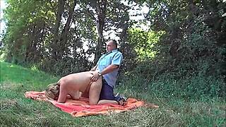 suzisoumise naked in field, bent over for doggystyle with cum on saggy tits 😈