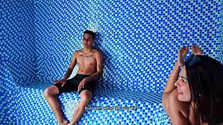 Big ass Colombian MILF fucks young guy in public sauna, cum on face