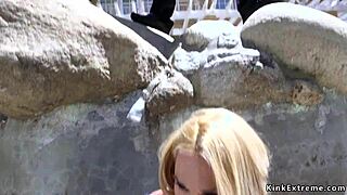 hey, check out this wild bondage session where a sex trafficker dominates a tied-up skinny blonde with huge tits 😏