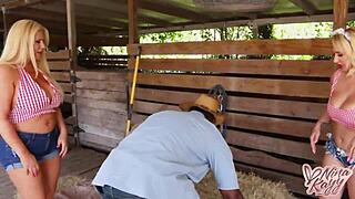 hey, these naughty cowgirls like nina kayy ride big black cocks in interracial threesome with cum on tits and curvy ass doggystyle on the ranch