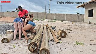 What a shock when carpenter gets paid with wild threesome from Brazilian bbw whores ripping clothes for anal fun!