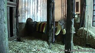 Hey peeping tom, watch Lady Sonia tease and masturbate at the stables!