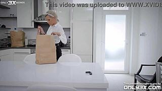 Blonde and redhead babes in stockings join a tattooed Latina maid for an unexpected threesome with big tits play.