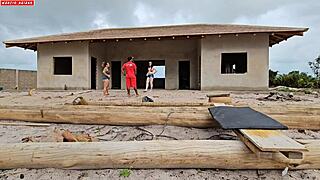 What a shock when carpenter gets paid with wild threesome from Brazilian bbw whores ripping clothes for anal fun!