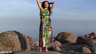 I feel so sensual touching my shaved pussy and natural tits during evening masturbation on the beach