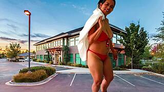 Stripping and masturbating with wet pussy moans in public parking lot teaser 😏