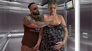 Neighbor gives deep blowjob in elevator with cum